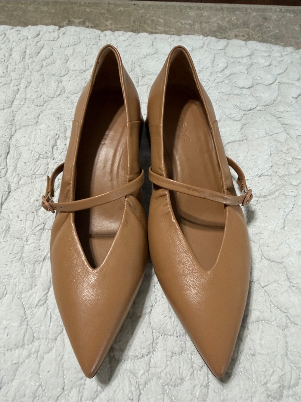 New M Gemi “Loriana” Italian Pointed Mary Jane Flats in Tan Leather